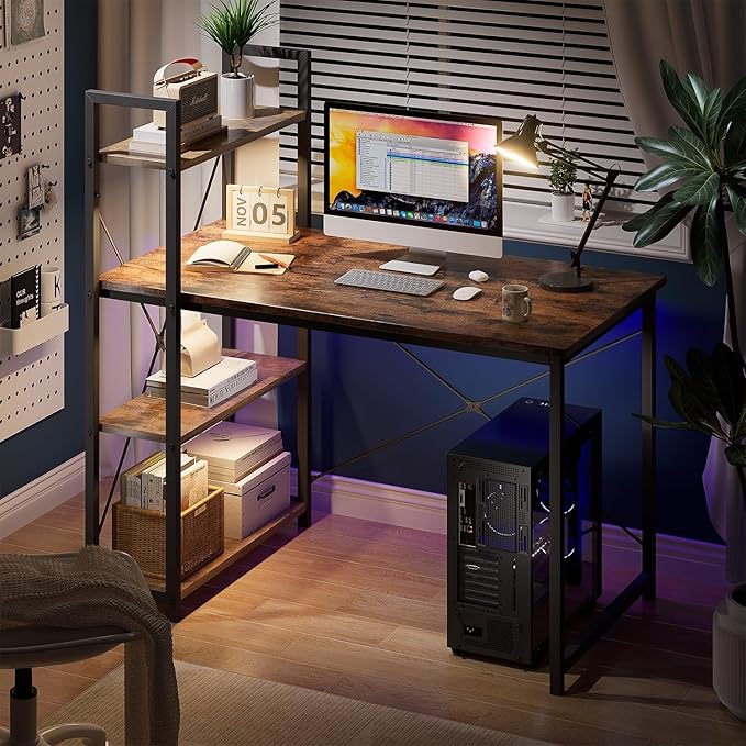 Rustic Brown Computer Desk with LED LightsOffice Desk Gaming Desk with Reversible Storage Shelves Study Table Sturdy Steel Frame for Small Space