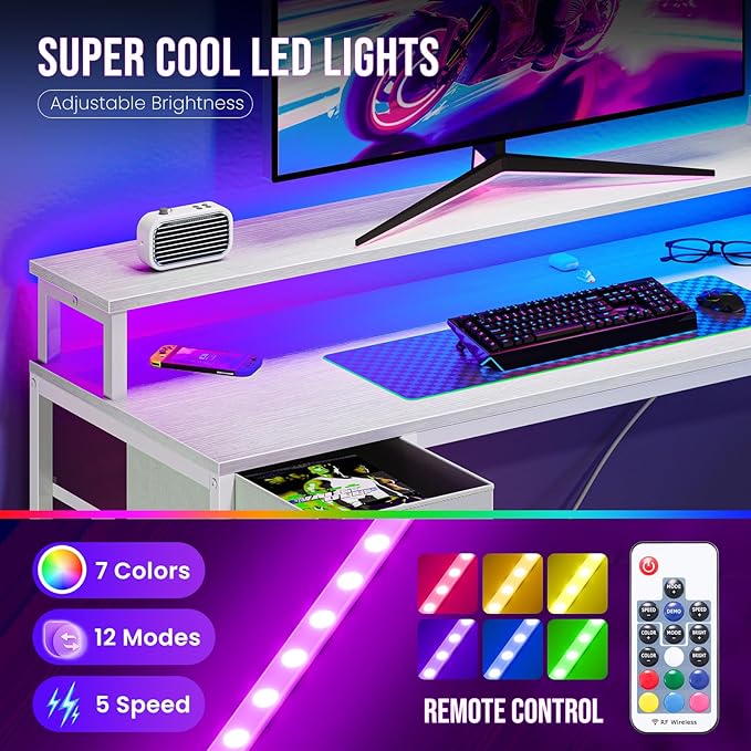 DUMOS 53” Gaming Desk with USB Charging Ports &amp LED Lights Reversible L Shaped Desks Computer Corner Gamer Table with Power Outlets Monitor Stand Storage Shelves for Home Office Small Space Whit