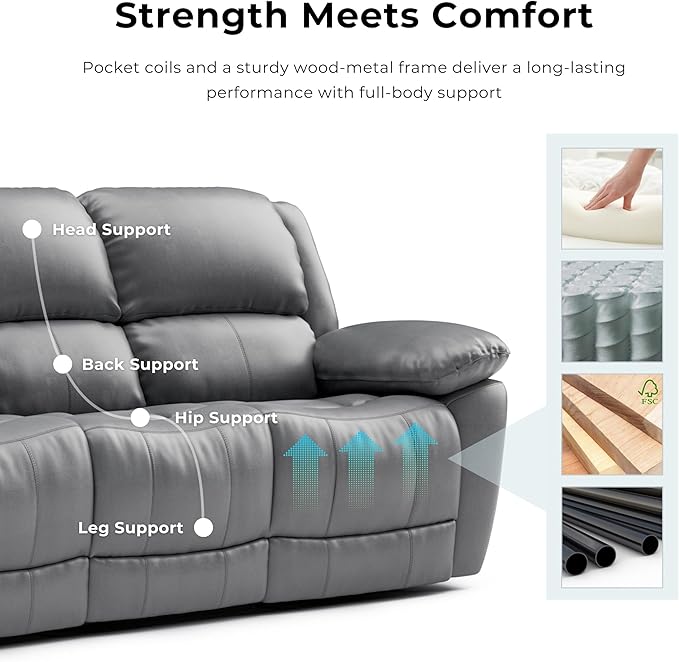 Furniture of America Sorin Modern Leather Recliner Chair with Pillow Armrests and High Density Foam Reclining Sofa Comfortable Couch for Living Room Office FSC Certified Dark Gray