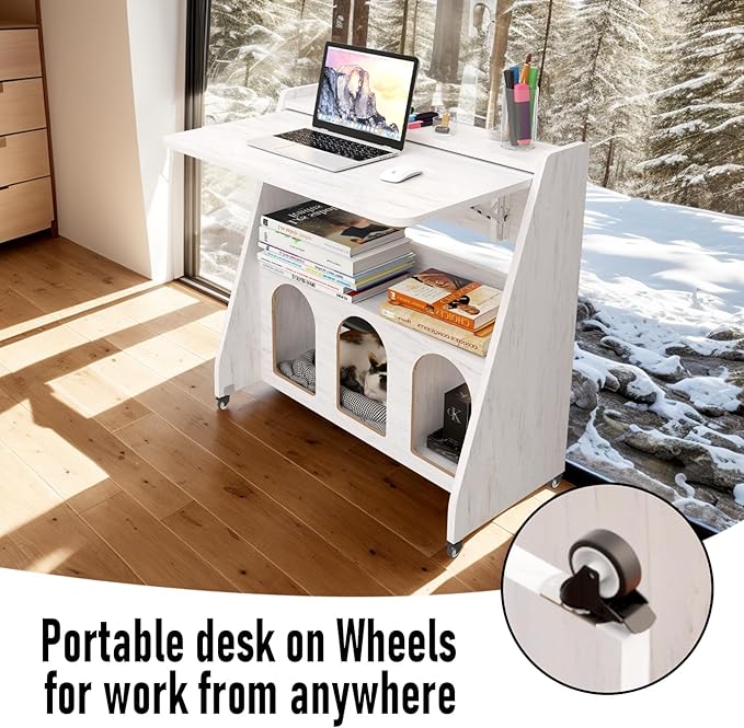 Pmnianhua Farmhouse Portable Desk on WheelsMobile WorkstationRolling Computer Desk with Wheels and Storage for Home Office Small Space(White)