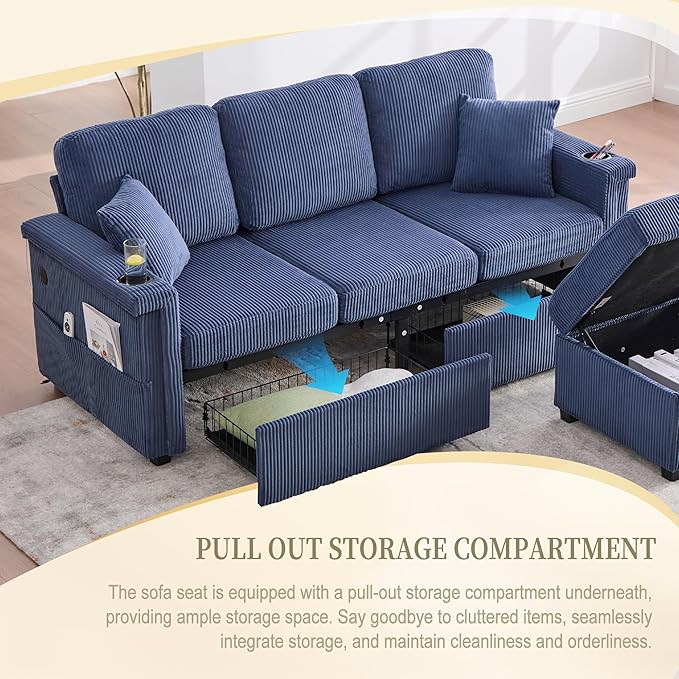 L Shaped Sectional Sofa with Storage &amp Movable Ottoman 76 Corduroy 3 Seater Sectional Couch with USB Charging Cup Holder &amp LED Light Couches for Living Room Navy Blue