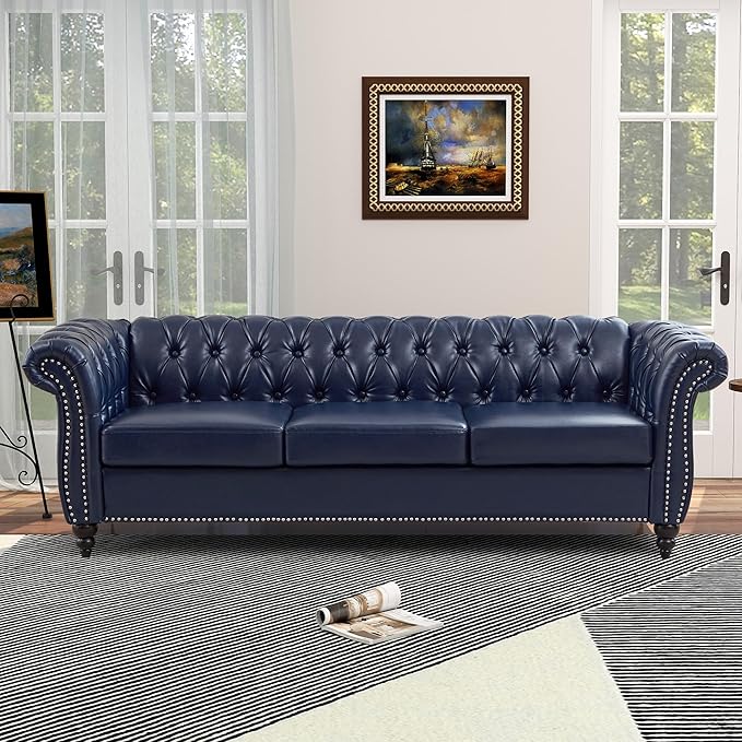 QHITTY Accent Large Sofa Chesterfield Couch 3 Seater Modern Leather Couch Upholstered Sofa with Tufted Back for Living Room Furniture (Blue)