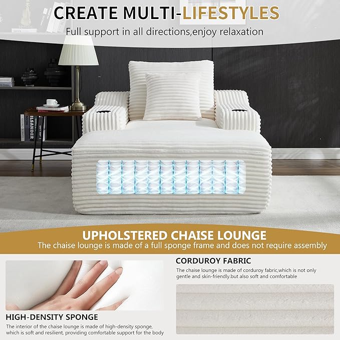 67inch Chaise Lounge Chair Indoor Upholstered Corduroy Couch with 2 PillowsComfy Fluffy Cloud CouchSingle Sleeper Sofa Chair for Livingroom (White 46.5W X 67D with Cup Holder)