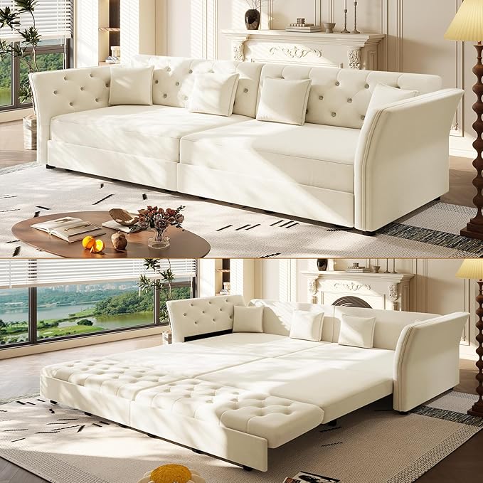74.4'' Velvet Pull Out Sofa Bed Oversized Queen Sleeper Sofa with Handcrafted Floral Tufted Design 3-in-1 Convertible Sleeper Couch Tufted Deep Seat Couch for Living Room Apartment Beige