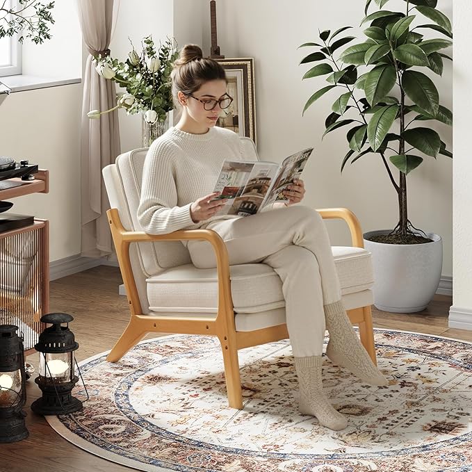 Mid-Century Accent Chair Set of 2 with Solid Wood Frame Reading Relaxing Armchair Lumbar Pillow&amp Soft Cushion Leisure Chair for Living Room Bedroom Waiting Room-Beige