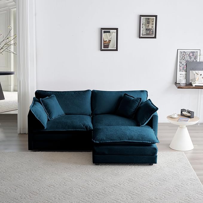 Deep Seat Cloud Loveseat Sofa Sectional Couch with Movable Ottoman 2 Seater Oversized L Shaped Corner Sofa Couches Comfy Chenille Love Seat for Living Room Bedroom Apartment Office