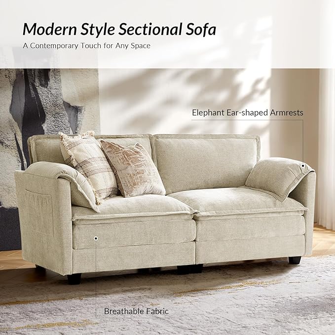 EcoHarbor 108 Modular Sectional Sofa for Living Room Modern 4 Seat L Shaped Cloud Couch with Elephant Ears Armrests Comfy Dual-Layer Cushions Deep Seat &amp Side Storage Pockets Beige