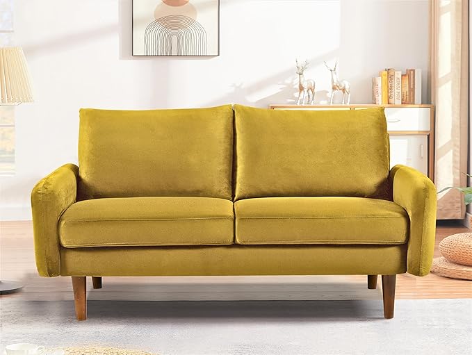 Kent Velvet Loveseat Sofa for Modern Living Rooms and Compact Spaces Comfy 2 Seater Couch Studio Apartment Furniture with Sleek Design Greenish Yellow