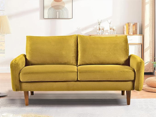 Kent Velvet Loveseat Sofa for Modern Living Rooms and Compact Spaces Comfy 2 Seater Couch Studio Apartment Furniture with Sleek Design Greenish Yellow