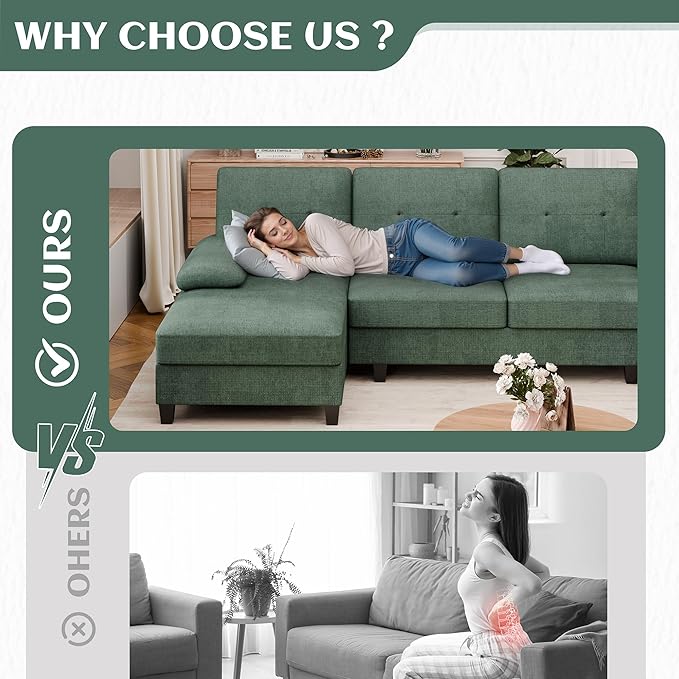 Vongrasig Sectional Couches for Living Room U-Shaped Sofa with Chaise 4-seat Large Sectional Modern Couch for Living Room Apartment (Green)
