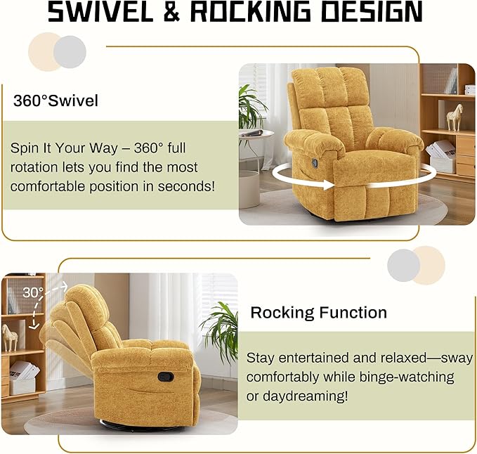 Recliner Chair Swivel Rocker Recliner Chair for Adults Small Recliners for Small Spaces Upholstered Manual Recliner with Side Pockets Nursery Rocking Chair for Living Room Chenille Yellow