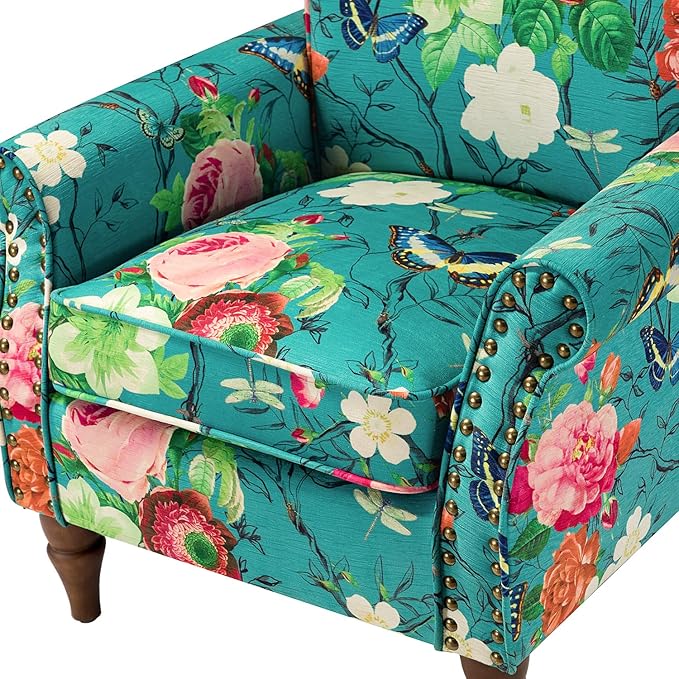 HULALA HOME Modern Wingback Accent Chairs Set of 2 with Wood Legs &amp Removable Cushion Comfy Upholstered Armchairs with Nailhead Trim Floral Pattern Single Sofa Chairs for Living Room Bedroom Bl