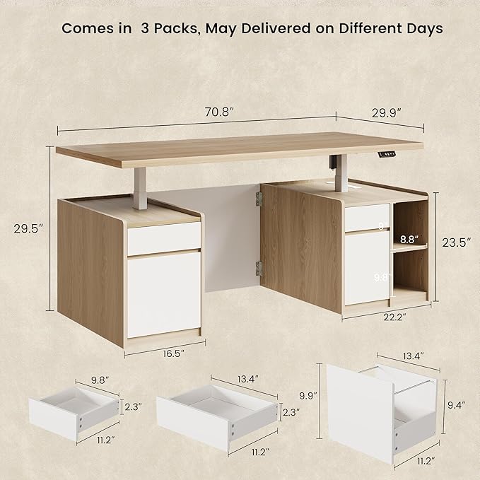 Executive Standing Desk with Drawers &amp Storage 70.8'' Adjustable Electric Stand Up Wood Desk with Privacy Panel AC/USB File Cabinet Large One-Piece Desktop for Home Office Light Walnut