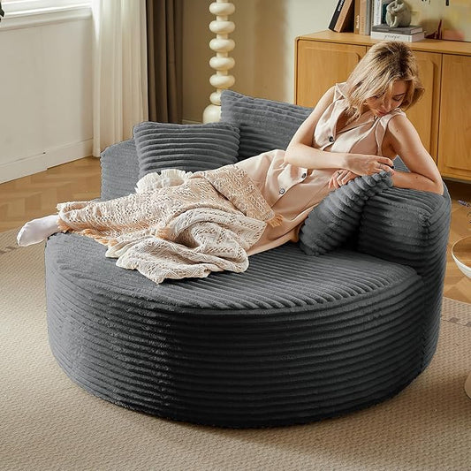 55'' Oversized Round Chair Lounge Chaise Indoor Cloud Boneless Large Circle Chair with Plush Corduroy No Assembly Required Fluffy Modern Sleeper Sofa Bed for ReadingLiving RoomBedroom(Dark Grey)