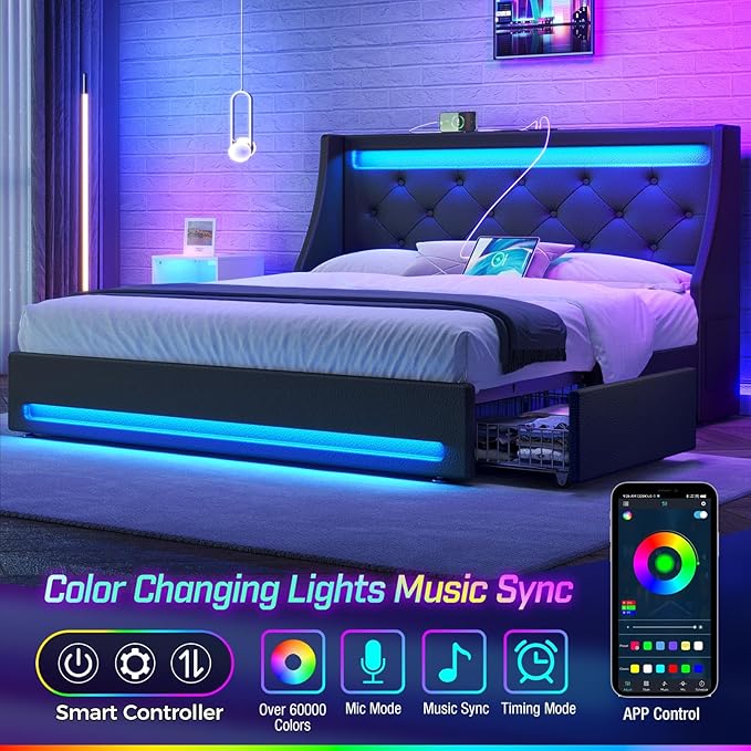 Rolanstar Queen Bed Frame with LED Lights and Charging Station PU Leather Bed with Drawers Wooden Slats Noise Free Easy Assembly Black