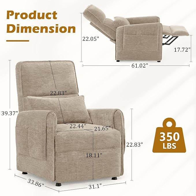 Power Recliner Chair Small Recliners for Small Spaces Electric Recliner Chairs for Adults with Remote Pillow and Side Pockets Reclining Chair with Memory Function Living Room Chenille