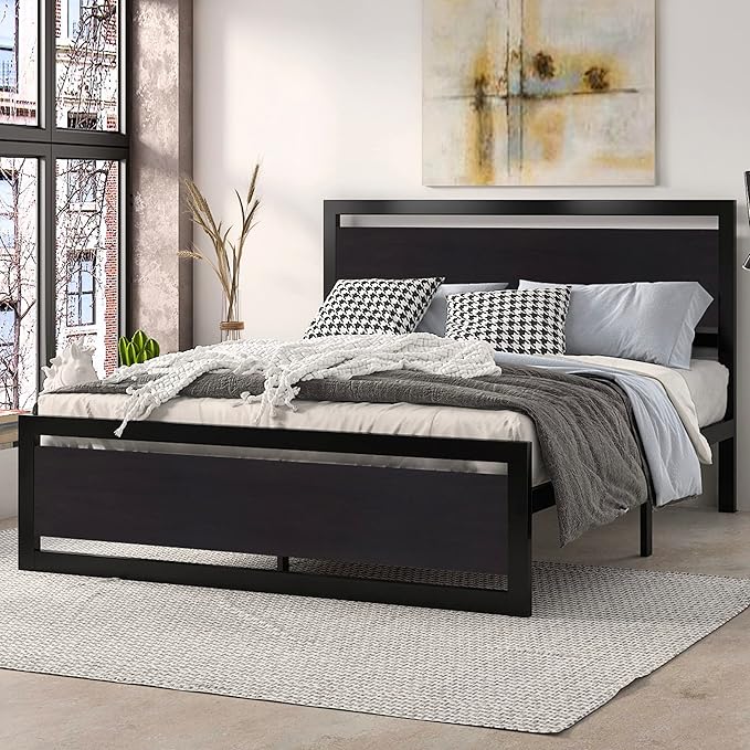 SHA CERLIN Full Size Bed Frame with Modern Headboard Heavy Duty Platform Metal Base with Square Footboard and 13 Strong Slats Support No Box Spring Needed Black