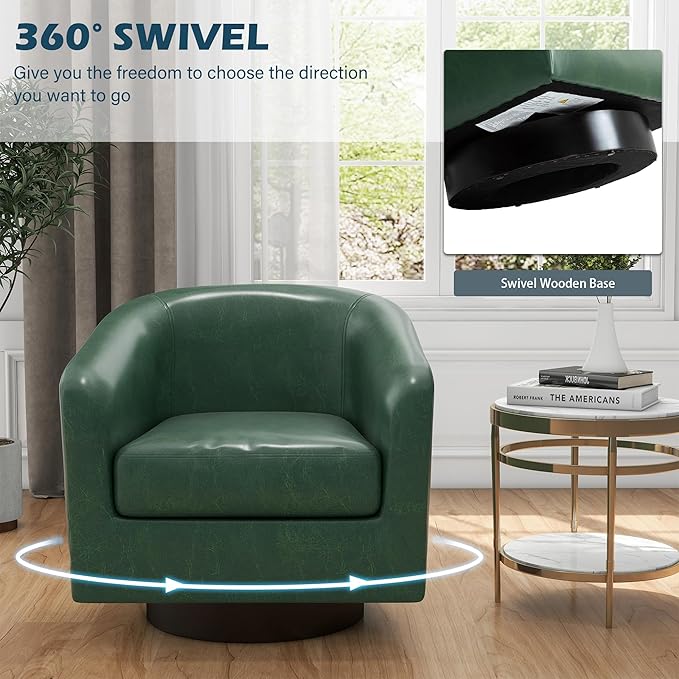 UIXE 360° Swivel Barrel Accent Chair Armchair PU Leather Round Club Arm Chair for Lving Room Modern Upholstered Small Bedroom Single Sofa Seat - Green Set of 4