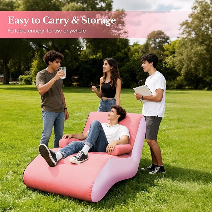 Inflatable Indoor Living Room Chair Lounge with Handrails Inflatable Foldable Deck Chair with Air Pump Outdoor Travel Camping Picnic Beach Chaise Lounges(Pink)