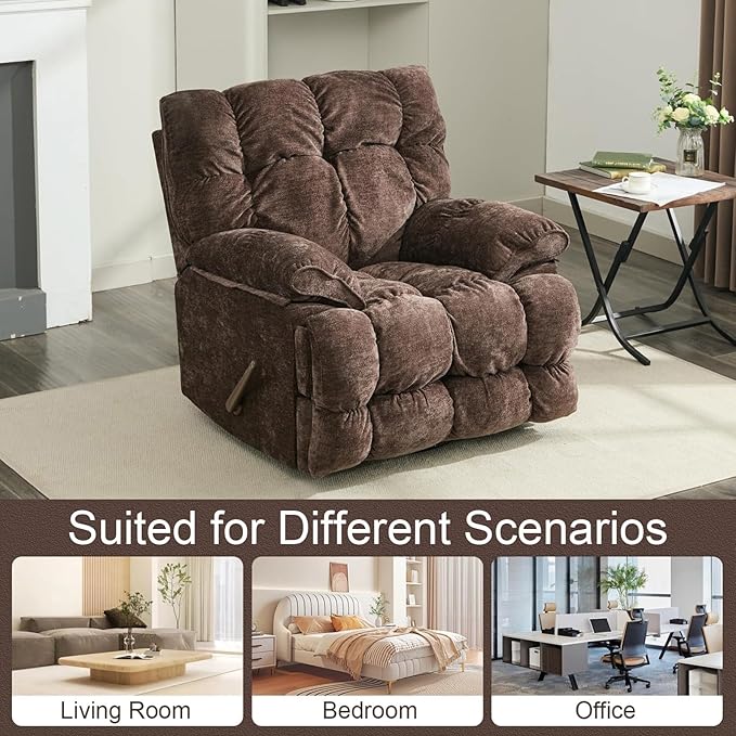 Oversized Rocker Recliner Chair for AdultsOverstuffed 360° Swivel Rocking Recliner Extra Wide Breathable Fabric Manual Reclining Single Sofa for Living Room (Brown)