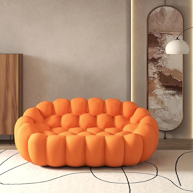 Bubble Couch Curved Loveseat Sofa Memory Foam Mesh Fabric Round Lazy Floor Couch Bubble Sofa with 3D Honeycomb Shape Curved Sofas for Living Room No-Assembly (Orange 78.74)