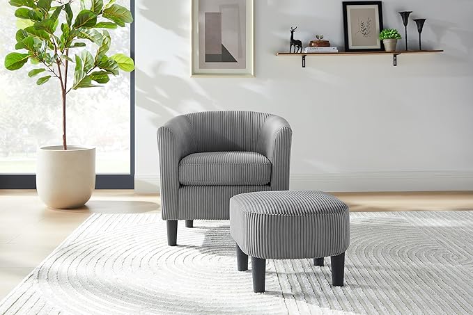 Modern Accent ChairUpholstered Arm Chair Corduroy Single Sofa Chair with Ottoman Foot Rest Comfy Armchair for Living Room Bedroom and OfficeGrey