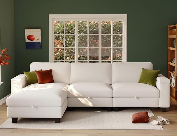 Sectional Couches for Living Room - Modular L Shaped Couch 103 Oversized 3 Seater Sofas with Ottoman - White Modern Chenille Fabric Storage Sofa 4 Pieces Furniture Set
