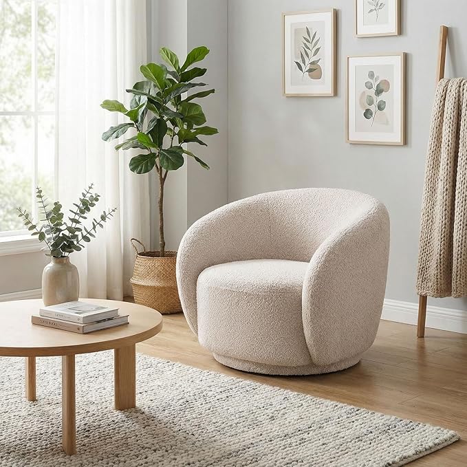 Modern Swivel Accent Chair Boucle Fabric Upholstered Barrel Chair 33 Luxury Curved Sofa Chair Single Sofa Single Armchair for Living Room Bedroom Apartment Office Small Space (Beige)