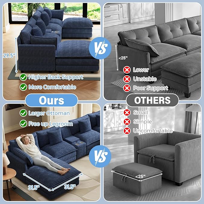 143 Oversized Modular Sectional Sofa U Shaped Cloud Couch 6 Seat Sofa Set for Living Room Comfy Corduroy Deep Seat with Storage Central Console Movable Ottomans USB Ports Cup Holders Blue