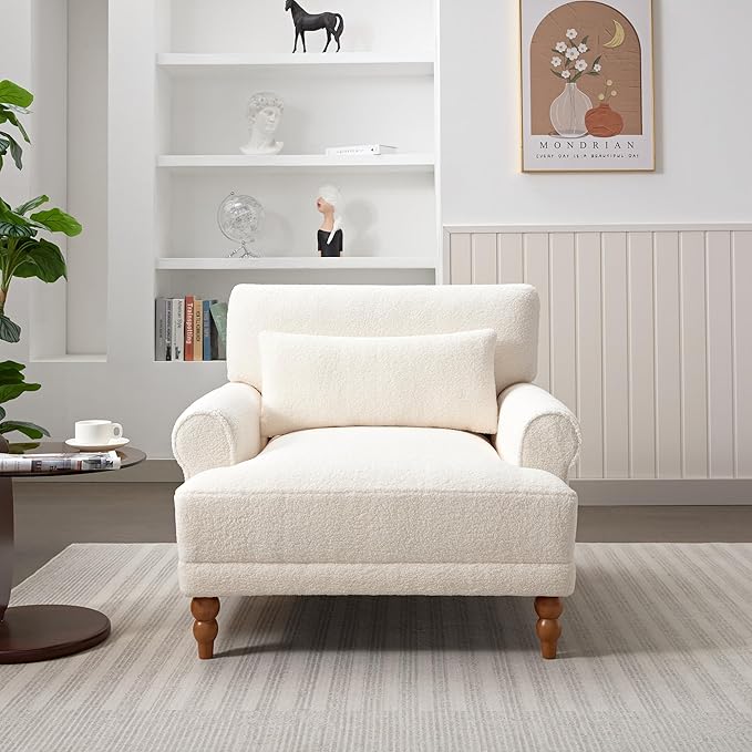JOSHEN 40 Mid-Century Modern Boucle Accent ArmchairBoucle Upholstered Chair with a Waist Pillow for Living RoomBedroomStudyBeige