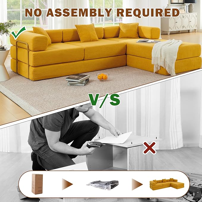 108 W Corduroy Modular Cloud Couch with Fixed-Shape Frame Oversized L-Shaped Sectional Sleeper Sofa Bed with Pull Out Bed No Assembly Modern Floor Boneless Couch for Living Room (Yellow)
