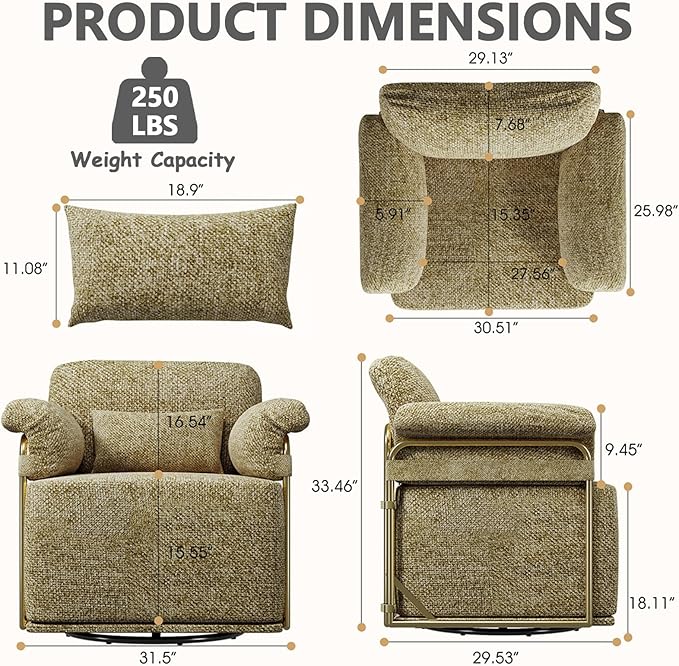 Swivel Accent Chairs 360 Swivel arm Chairs for Bedroom Club Chair with Back Gold Frame Tall Base for Office and Living Room (Brown)