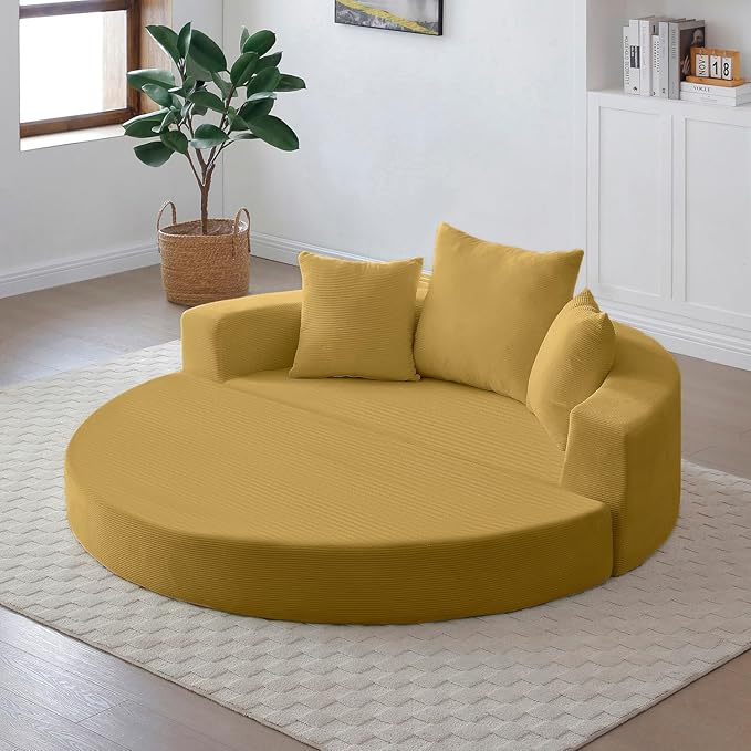 Folding Sofa Bed Corduroy Circular Boneless Couch No Assembly Convertible Sleeper Sofa with 3 Pillow Comfy Futon Sofa Bed for Apartment Office Bedroom Living Room Yellow