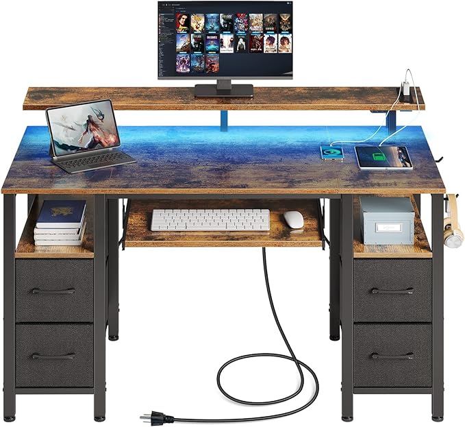 Seventable Computer Desk 47.2 with LED Lights &amp Power Outlets Home Office Desk with 4 Drawers Writing Desk with Keyboard Tray Study Table with Monitor Stand Work Desk for Home Rustic Brown