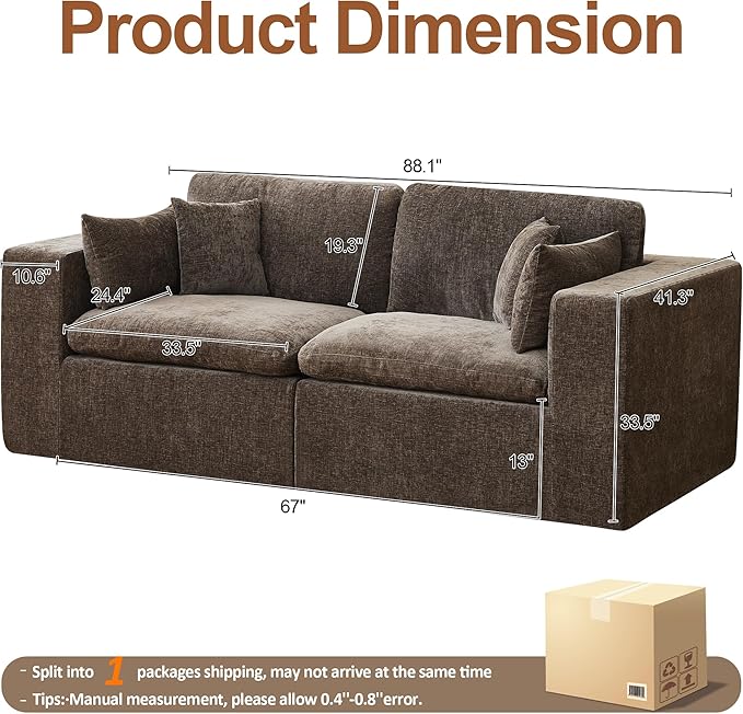 88''Cloud Boneless Modular Sectional Sofa Deep Seat Sectional Couch Upholstered Convertible Comfy Memory Foam Sofa Loveseat Chenille Memory Foam Couches for Living Room Brown