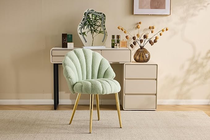VINGLI Shell-Shaped Teddy Fleece Accent Vanity Chair with BackComfy Green and Gold Desk Chair No WheelsCute Small Pearl Deco PillowGift for Girls/Womenfor MakeupOfficeDiningNailSewingBedroom