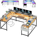 U Shaped Desk with Power Outlets USB Ports &amp RGB LED Lights 79 Inch Large Corner Computer Desk with Monitor Stand Reversible Gaming Desk for Home Office Ergonomic Workstation (Oak)