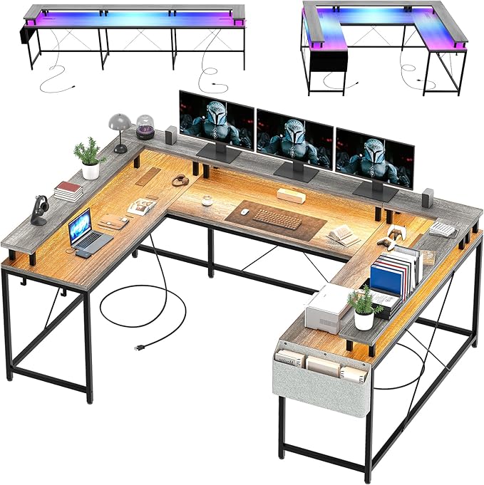 U Shaped Desk with Power Outlets USB Ports &amp RGB LED Lights 79 Inch Large Corner Computer Desk with Monitor Stand Reversible Gaming Desk for Home Office Ergonomic Workstation (Oak)