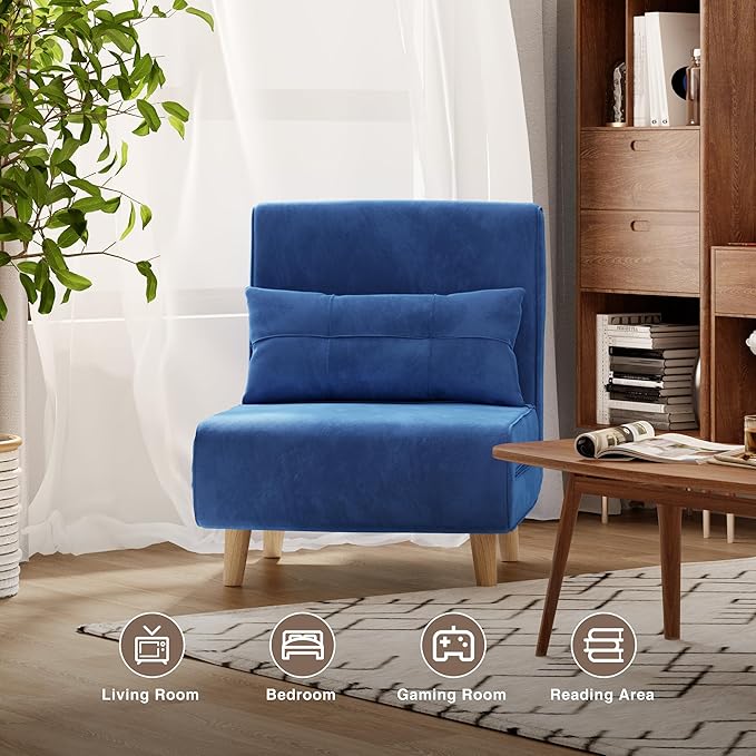 Aiho 3 in 1 Sleeper Chair Convertible Futon Chair Bed Velvet Sofa Bed with Adjustable Backrest Living Room Chair for Apartment/Bedroom/Guest Room Blue