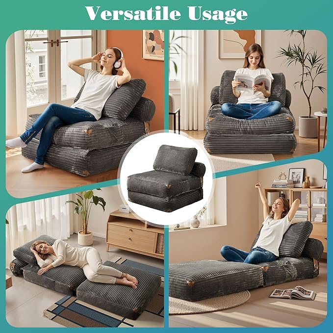 Folding Sofa Bed Convertible Sleeper Chair with Pillow Back Support Foldable Corduroy Futon Floor Couch Comfy Fold Out Chair Bed for Living Room Bedroom Dorm Grey