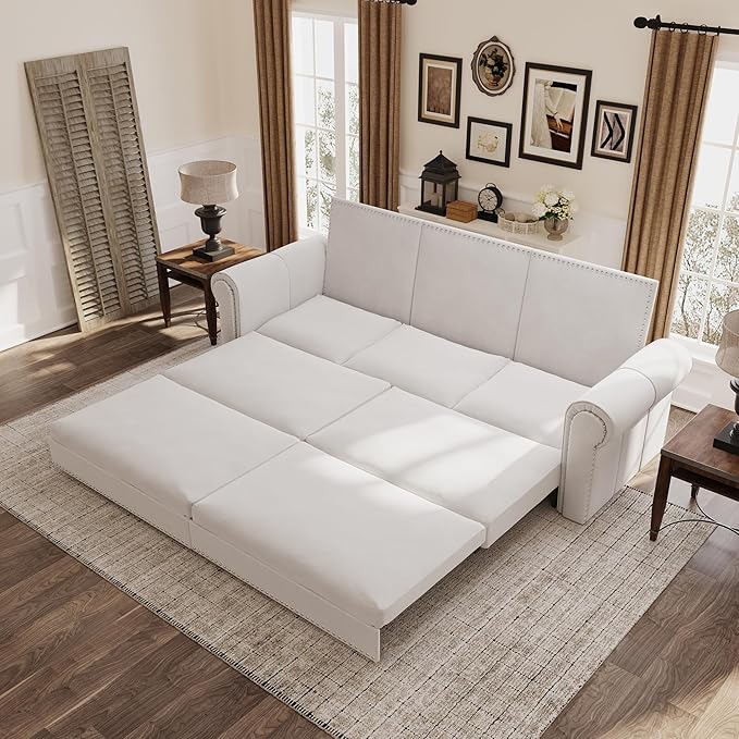 93.7 Velvet Convertible Sleeper Sofa 3 in 1 King Size Pull Out Sofa Bed Loveseat Couch for Living Room Bedroom Cream White