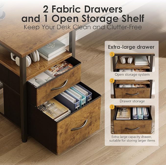 AODK 55 inch L Shaped Computer Desk with Drawers Reversible Computer Desk with Storage Shelves Home Office Desk with Built-in Power Outlet Rustic Brown