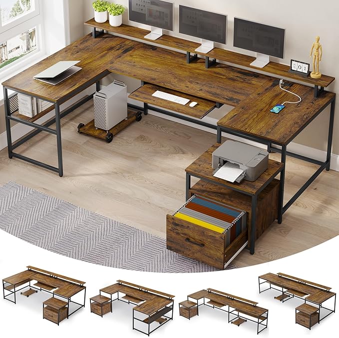 SEDETA U Shaped Desk Reversible L Shaped Home Office Desk with File Drawer &amp Power Outlet 101.5'' Computer Two Person Desk with Monitor Shelf Keyboard Tray Gaming Desk Rustic Brown