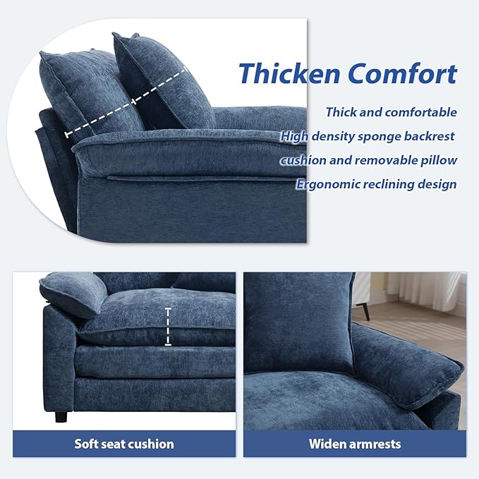 Modern Oversized Chair Set of 2 Comfy Chenille Accent Chair Large Upholstered Armchair with Extra Thick and Deep Seat Lounge Chair for Living RoomBedroomApartment (Blue)