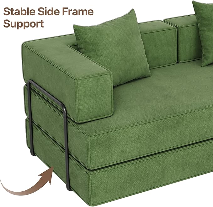 4-in-1 Convertible Sofa Bed 82“ Compression Sofa with Chenille Fabric Pull Out Sleeper Sofa with 2 Pillows &amp 4 Side Pockets for Living Room Bedroom Apartment No Assembly Required Green