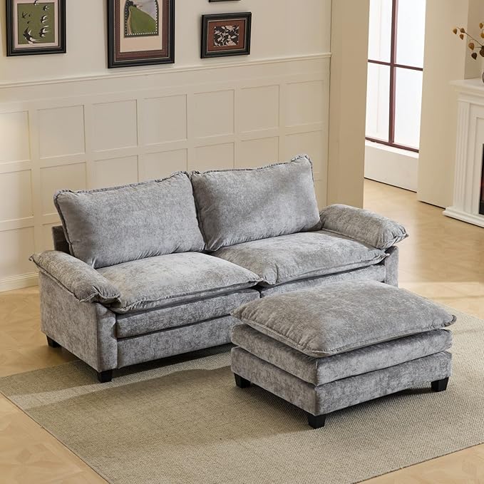 VINGLI 87 Chenille Double Layer Loveseat Sofa with 1 Ottoman L-Shaped Sectional Cloud Couch for Small Spaces Modern 2-Seater Sofa Set for Living Room &amp Apartment Light Gray