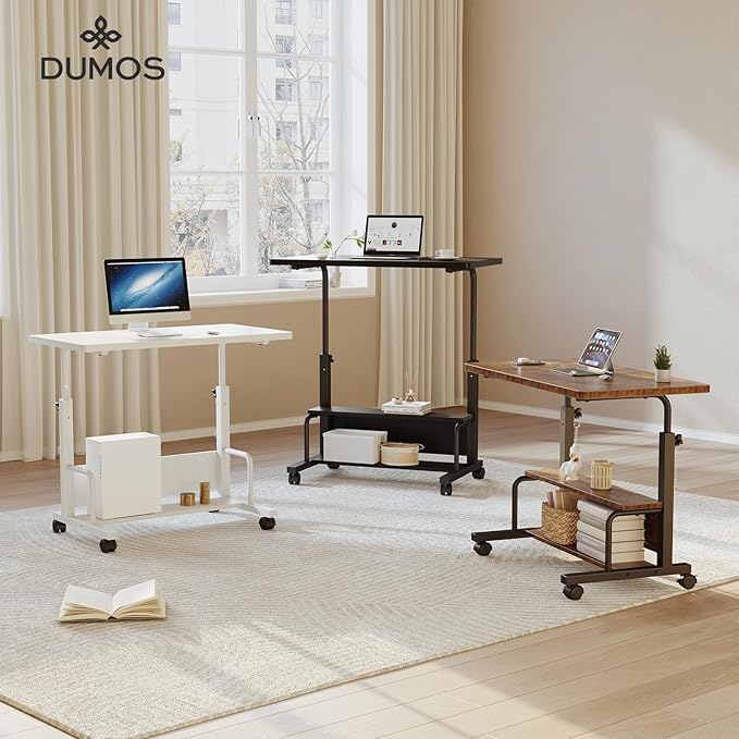 DUMOS 31.5 Manual Standing Desk Height Adjustable Mobile Computer Desk with Lockable Wheels &amp 2-Tier Storage Rolling Laptop Table for Small Spaces &amp Home Office Rustic Brown
