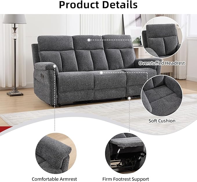 Manual Reclining Sofa 3 Seat Soft Fabric Recliner Couch for Adults with Overstuffed Arms and Back Sofa Recliner for Living Room (Dark Gray)