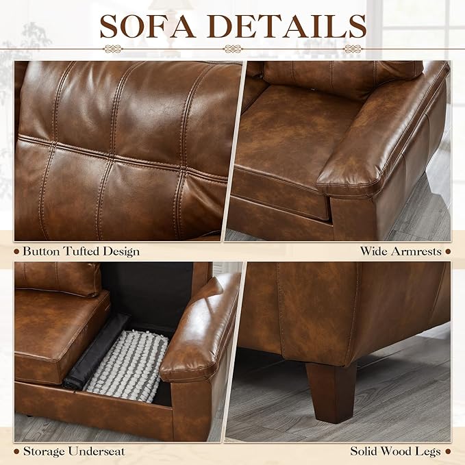2 Piece Brown Leather Sofa Set with Storage Mid-Century Modern Tufted Retro Vintage Faux Leather Couch and Loveseat Living Room Sets Comfy Cloud Upholstered Furniture(Brown 2+3 Seater Couch Set)