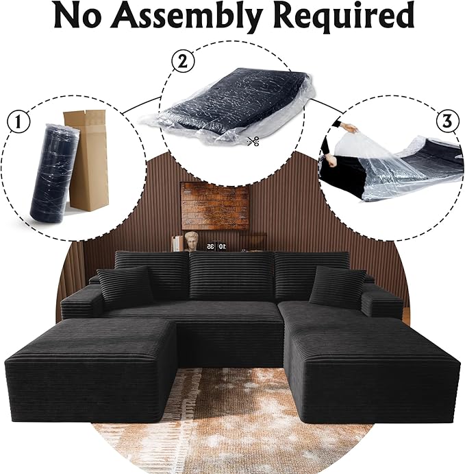 3-Piece Boneless Modular Sectional Sofa Cloud Couch Right Facing Chaise with Ottoman Oversized Deep Seat Soft Corduroy Fabric Sectional Couch for Living Room-Black